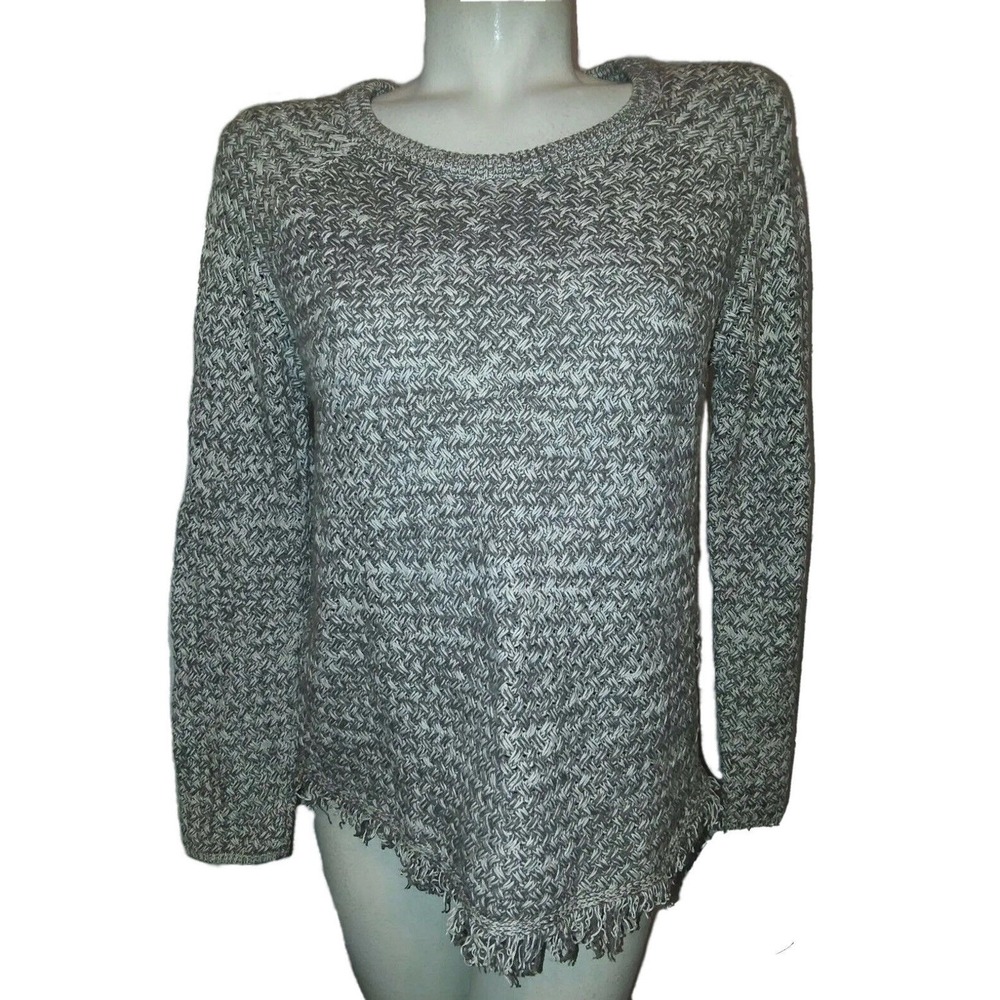 Lucky Brand Womens Size M Grey White Marled Basketweave Knit Fringe Hem Sweater